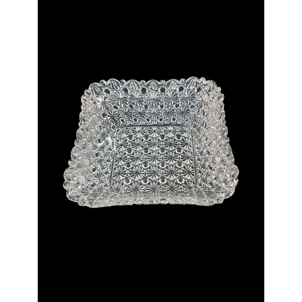 Antique Vtg EAPG Daisy Button Pressed Clear Glass Square Bowl Scalloped Points - Picture 2 of 6